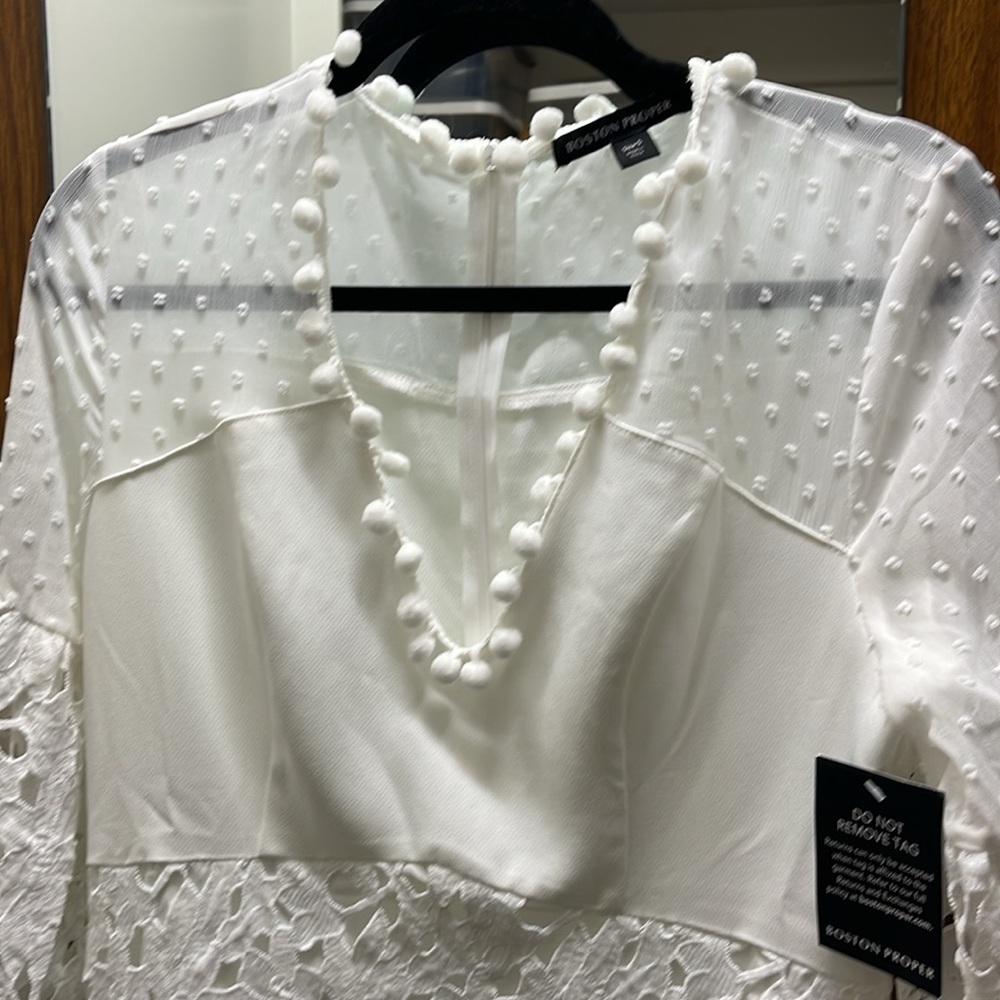 NWT Boston Proper Elegant White Lace Pom Pom Maxi Dress - Picture 5 of 5
